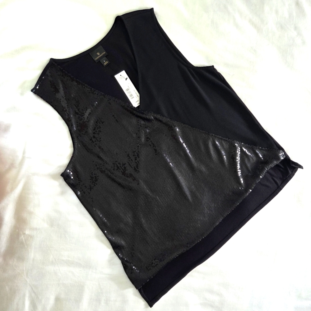 NWT Worthington Sequin Crepe Surplice Sleeveless‎ Black Tank Top Size Large